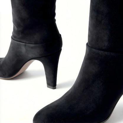 Autumn and Winter Women's Thick High-heeled Knee High Boots, Round Headed Cowhide Suede Fashionable Women's Plus Size Boots
