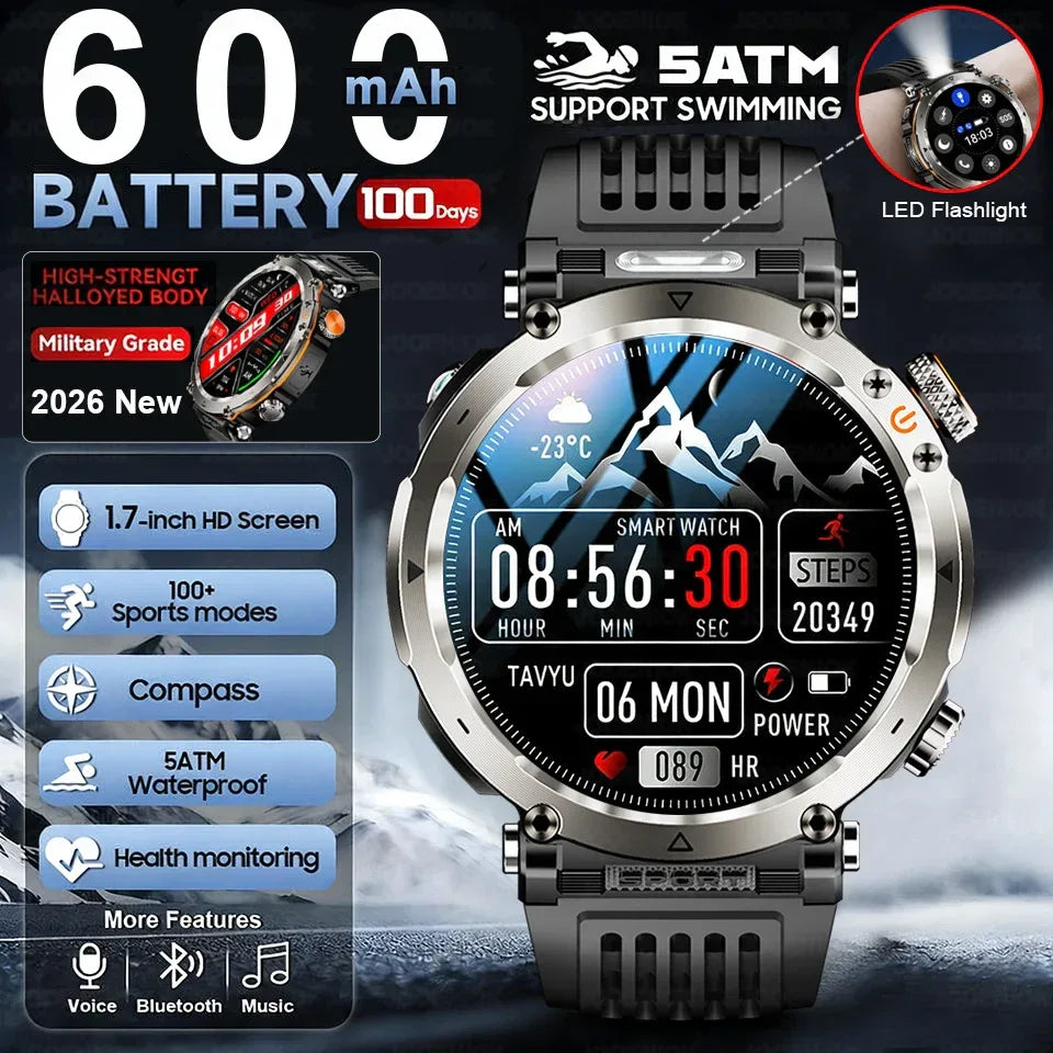 2026 New Outdoor Sports Smartwatch Men Compass 600mAh LED Flashlight Bluetooth Call 3ATM Waterproof Smartwatch For Android iOS