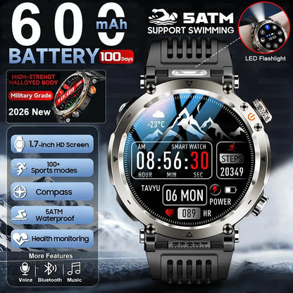 2026 New Outdoor Sports Smartwatch Men Compass 600mAh LED Flashlight Bluetooth Call 3ATM Waterproof Smartwatch For Android iOS