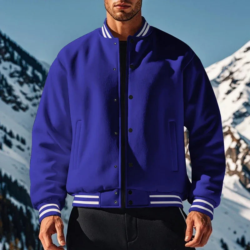 Men's Baseball Jacket with Stand-up Collar Button, Flight Jacket Monochromatic Loose, Casual, American Sports, Autumn and Winter