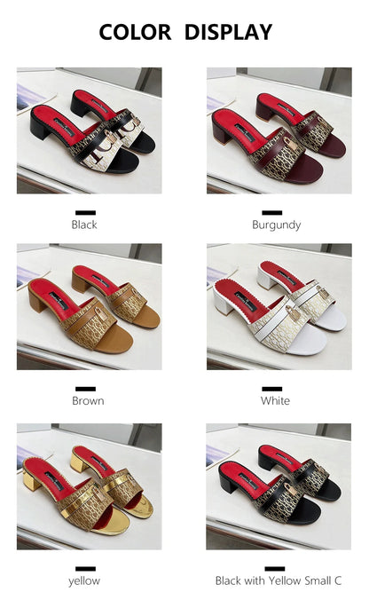 CH Brand Metal Buckle Embossed Sandals With Block Heels Open Toe Design Comfortable And Stylish Outdoor Slippers