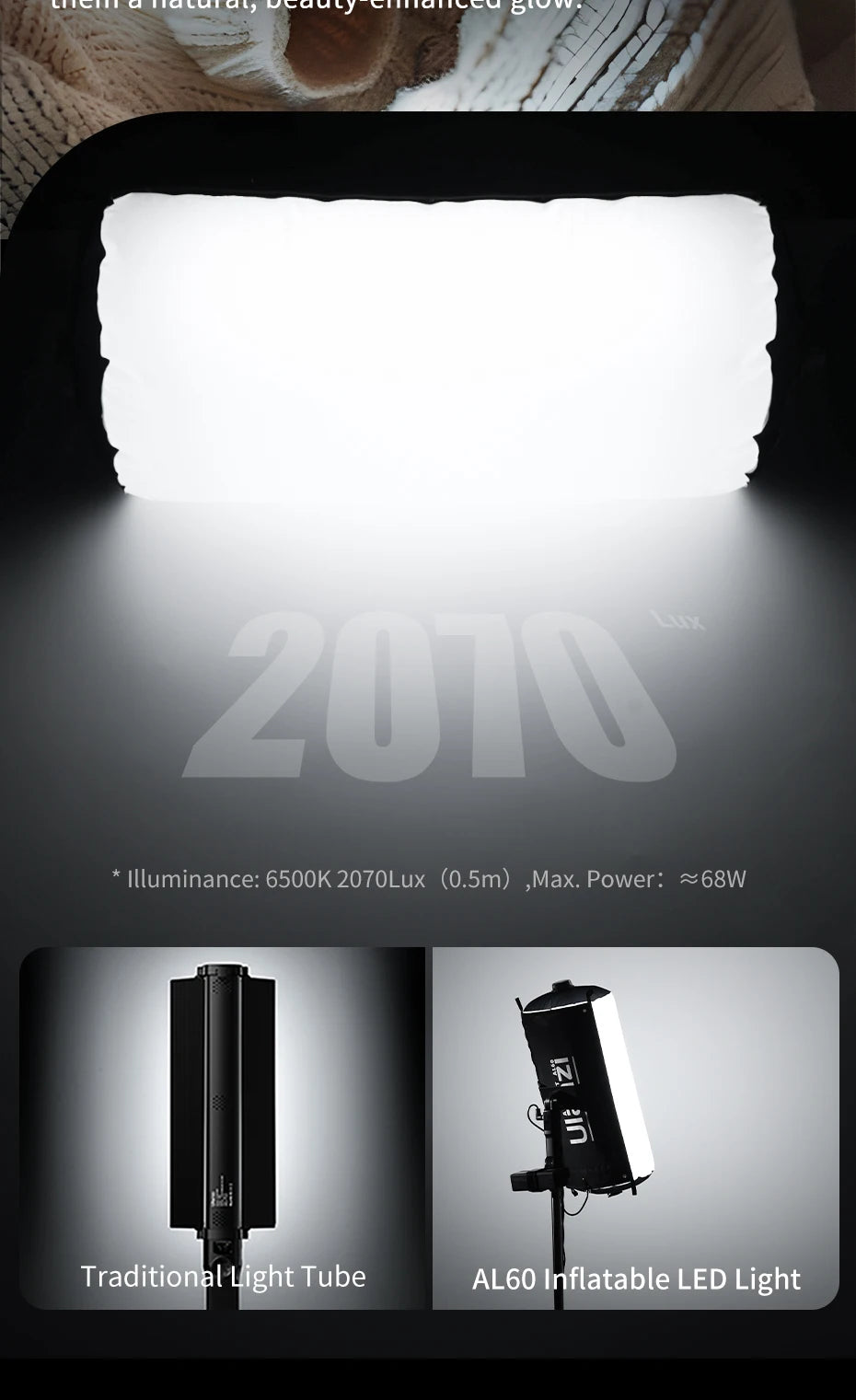 Ulanzi AL60 Inflatable Foldable Air Tube Light LED Light Fill Light 2700-6500K 2070Lux/0.5m with Remote control for Photography