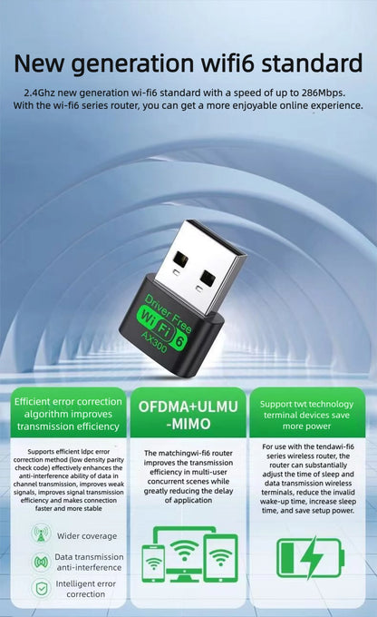 WiFi 6 AX300 WiFi USB Adapter Wireless Network Card 2.4G Wi-Fi Dongle Dual Band Antenna USB For PC/Laptop Win10/11 Driver Free