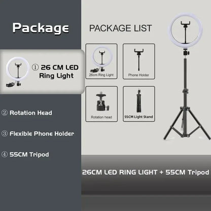 10" 26cm LED Selfie Ring Light Photography Video Light RingLight Phone Stand Tripod Fill Light Dimmable Lamp Trepied Streaming