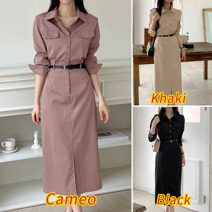 ZANZEA Women Lapel Long Sleeve Vestidos 2025 Spring Solid Work Dresses Casual Waisted No Belted Robe Office Lady Midi Spilt Robe