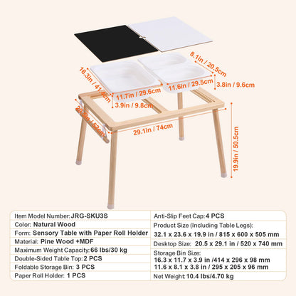 SucceBuy Wooden Sensory Table for Kids Activity with 3 Foldable Storage Bins & Double-Sided Board Indoor/Outdoor for Studying