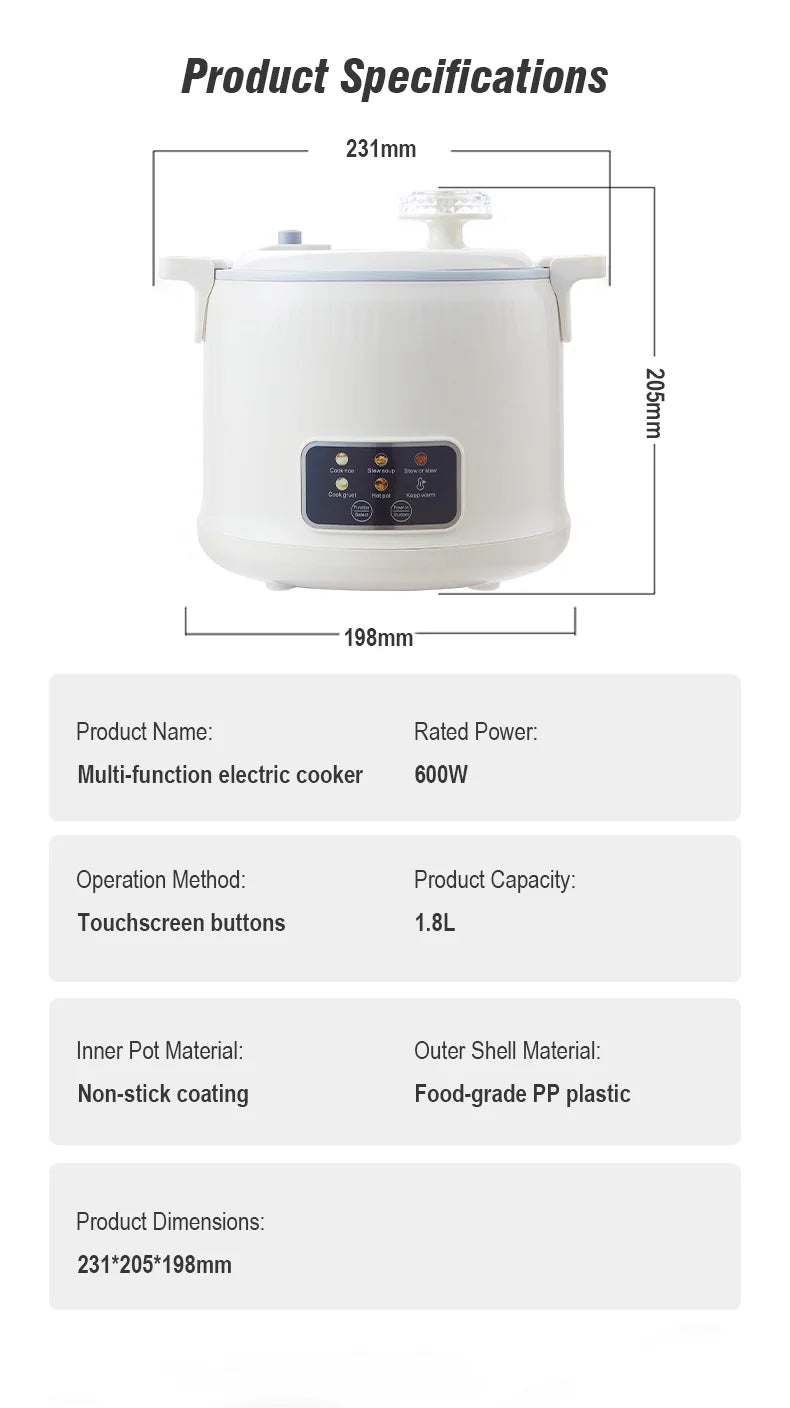 1.8L Micro Pressure Rice Cooker for 1-2 People, Multifunctional Household Hot Pot, Porridge, Soup, Electric Rice Cooker 220V