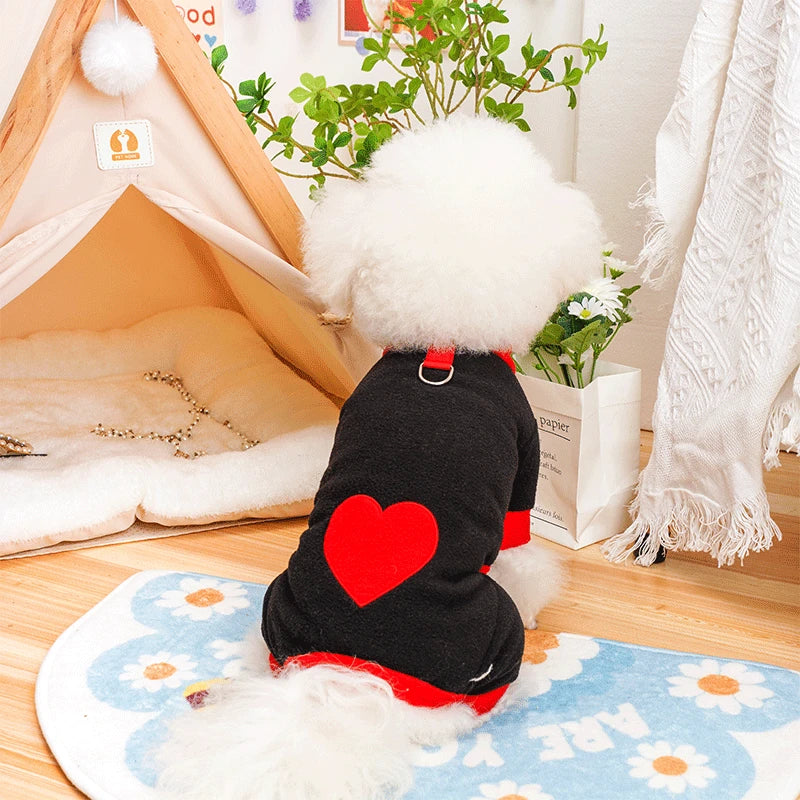 Heart Pattern Dog Pajamas for Small Dogs, Warm Fleece Dog Jumpsuit Yorkie Puppy Onesie Autumn Winter Clothes Chiwawa Pet Apparel