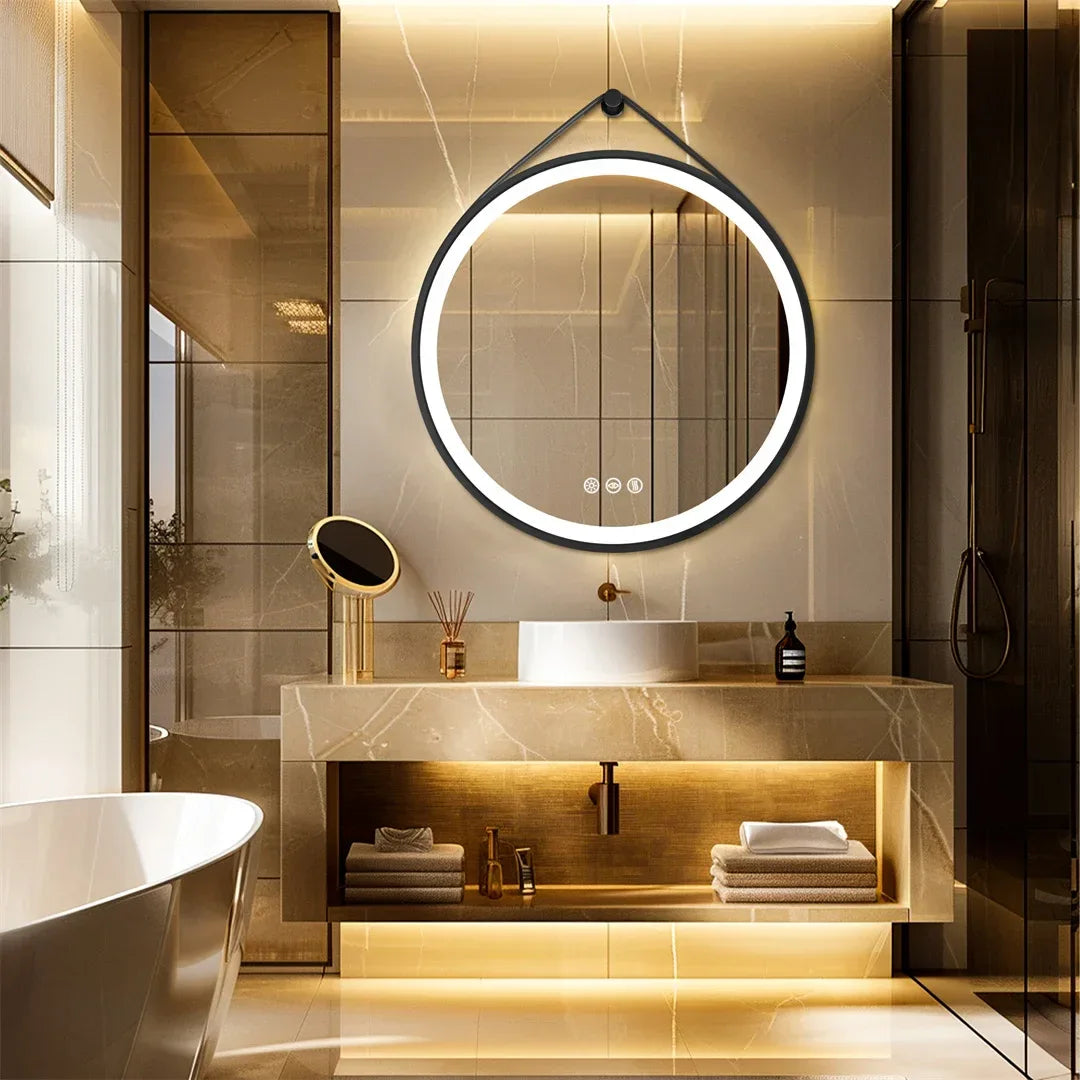 LUVODI 32-Inch Large Round Bathroom Mirror with LED Lights Black Frame Touch Sensor Lighted Mirror for Bathrooms