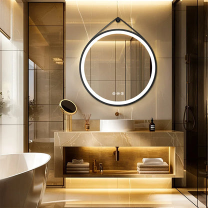 LUVODI 32-Inch Large Round Bathroom Mirror with LED Lights Black Frame Touch Sensor Lighted Mirror for Bathrooms