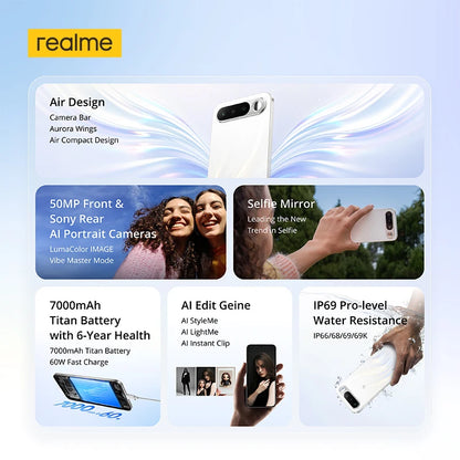 realme 16 5G Smartphone NFC 6.57" 120Hz AMOLED Display Dual 50MP AI Camera 7000mAh Battery 60W Charge IP69 Pro