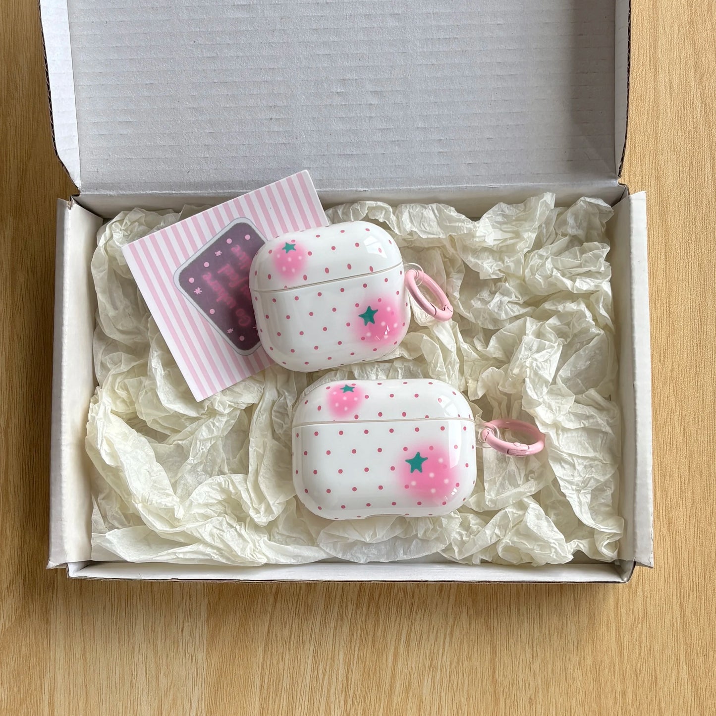 Full-Screen Pink Polka Dot Strawberry Pattern Glossy White Earphone Case with Pink Ring Cover for AirPods 1 2 3 4 Pro 2 Pro 3