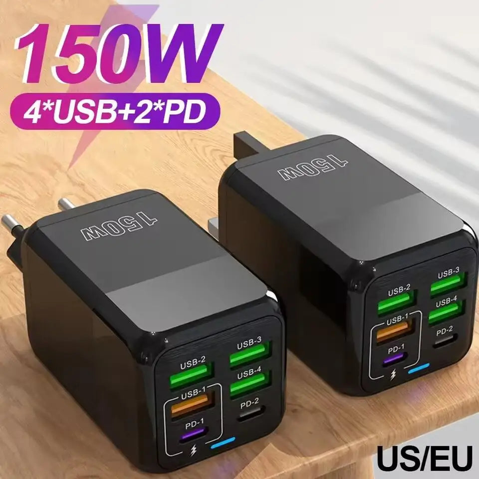 150W Multi Port USB Charger 6 Ports Fast Charge Phone Charger Wall Adapter For iPhone Samsung Xiaomi EU/US/UK Plug Quick Charger