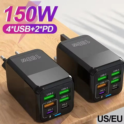 150W Multi Port USB Charger 6 Ports Fast Charge Phone Charger Wall Adapter For iPhone Samsung Xiaomi EU/US/UK Plug Quick Charger
