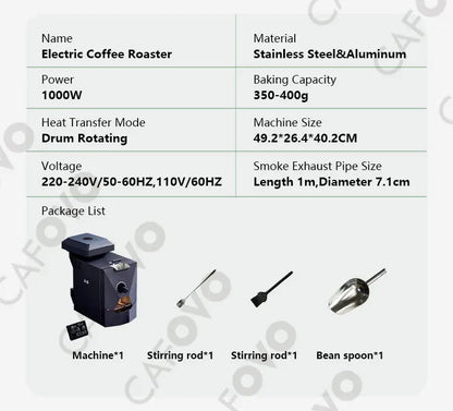 CAFOVO RE-1 Electric Coffee Bean Roaster Commercial Roaster Automatic Roasting Machine with 3 Baking Curve Grain Dryer 110-220V