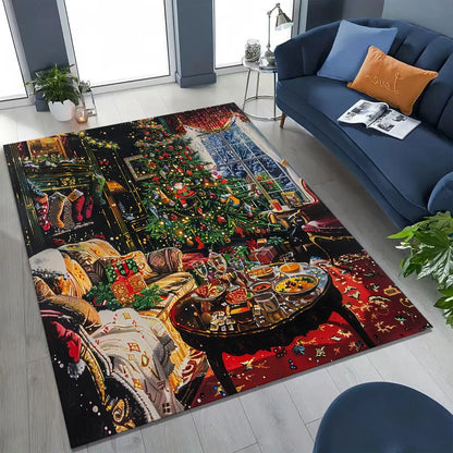 Happy New Year Merry Christmas Tree Santa Claus Cartoon Gift Carpet Rug for Bedroom Living Room Sofa Home Doormat Decor,Non-slip