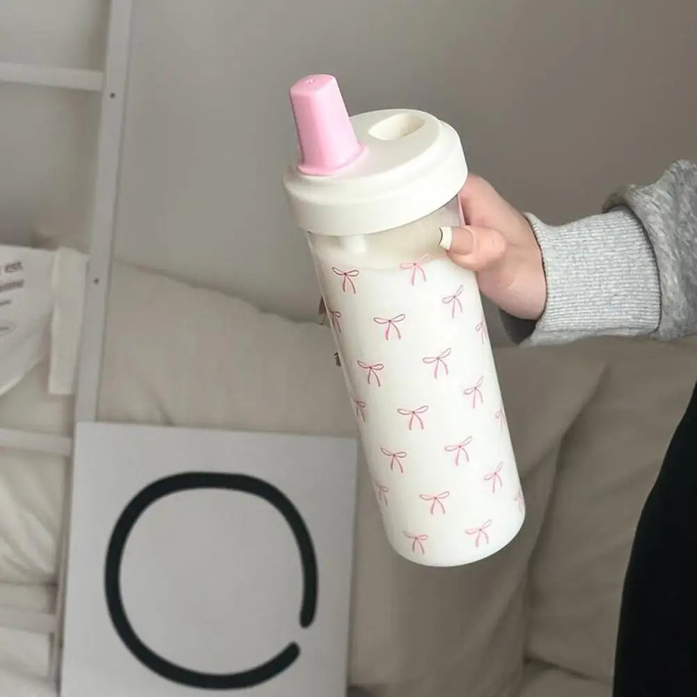 Pink Bow Tumbler Transparent Straw Water Cup Cute Portable Water Bottle For Outdoor School Drinking Water Bottles ﻿