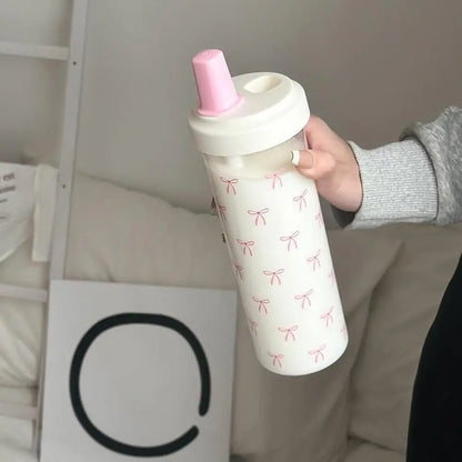 Pink Bow Tumbler Transparent Straw Water Cup Cute Portable Water Bottle For Outdoor School Drinking Water Bottles ﻿