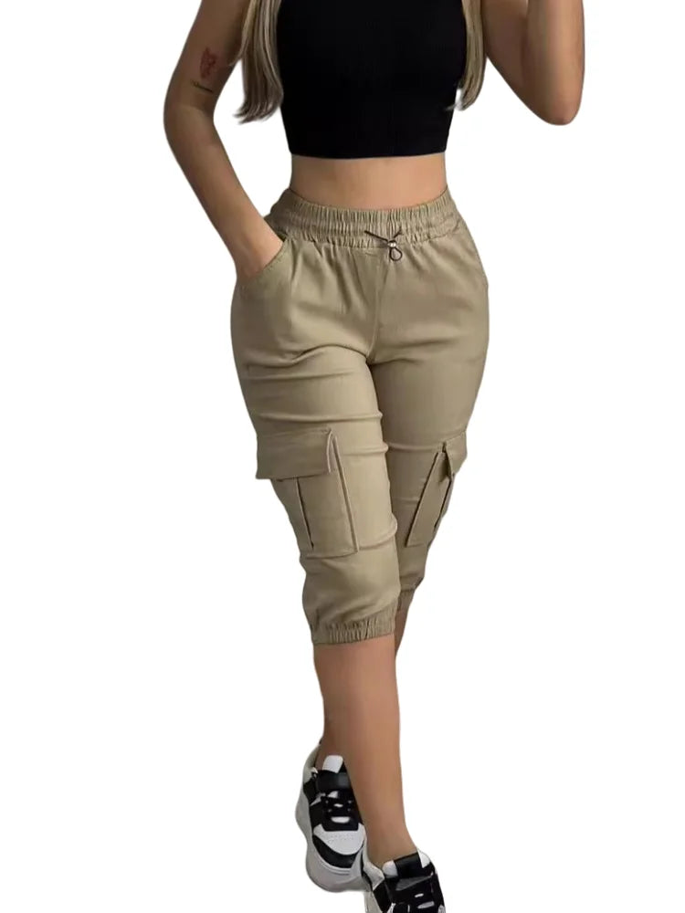 Pantalon Capri slim d'été pour femme, couleur unie, décontracté, poches multiples, laçage, taille haute, legging moulant