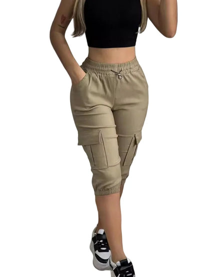 Pantalon Capri slim d'été pour femme, couleur unie, décontracté, poches multiples, laçage, taille haute, legging moulant