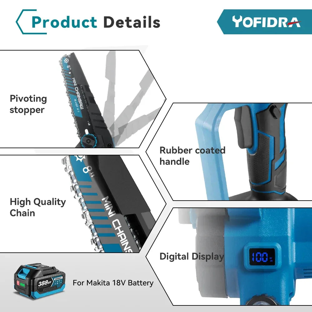 YOFIDRA 3500W 8 Inch Brushless Electric Chainsaw Cordless Electric Cutting Pruning Chain Saw Garden Tool For Makita Battery Pin
