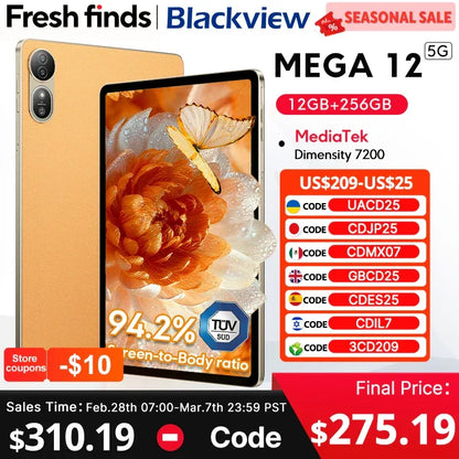Blackview MEGA 12 Tablet 5G 12.2" 2.4K 120Hz Display Dimensity 7200 CPU IP69K Waterproof 50MP Camera 10000mAh Pad PC