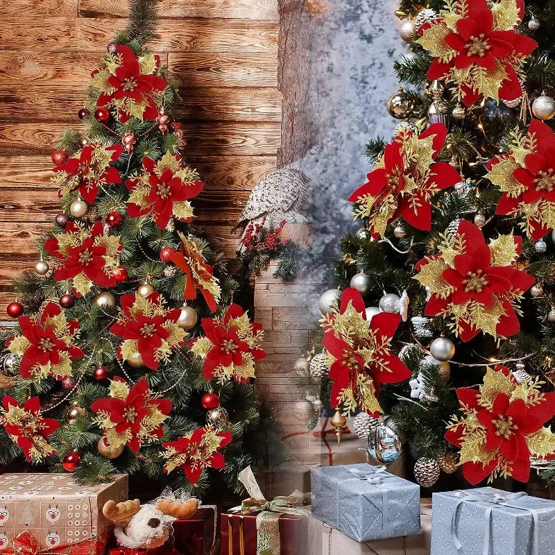 10/1Pc Christmas Glitter Artificial Flowers DIY Christmas Tree Hanging Ornaments Fake Flower For Xmas New Year Party Decor Gifts