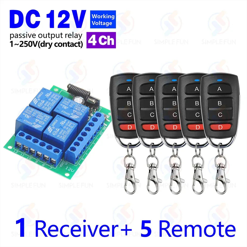 433Mhz Universal Wireless Remote Control Light Switch DC 12V 4CH RF Relay Receiver 60m Range for Light/Garage Door/LED DIY