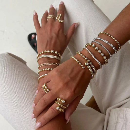 New Arried Geometric Fashion Women Jewelry Set Gold Color Round Ball Bezel Set CZ Bracelet Bangle Rings