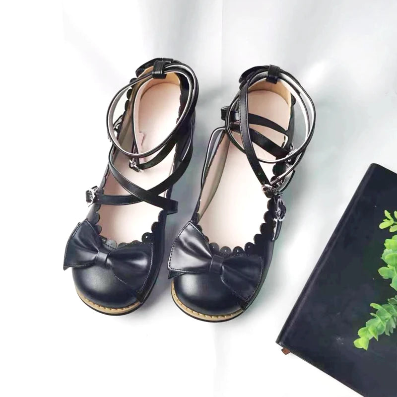 Lolita Shoes Women Flats Low Round With Cross Straps Bow Cute Girls Princess Tea Party Shoes Students Lovely Shoes Size 34-41