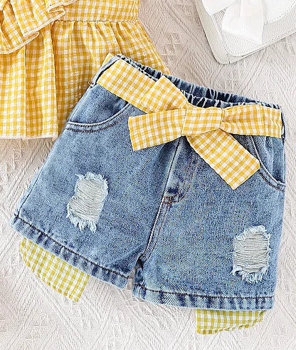 Summer Baby Girls Clothing Set & Denim Shorts Set 2-6Y | Yellow Plaid Ruffled Cami, Distressed Denim with Bow | Soft Breathable