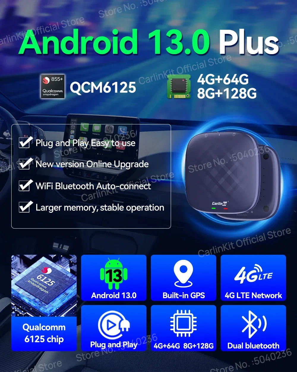 CarlinKit CarPlay Ai Box Android 13 Plus QCM6125 8-core Wireless Android Auto& CarPlay Car USB Adapter FOTA Upgrade For Netflix