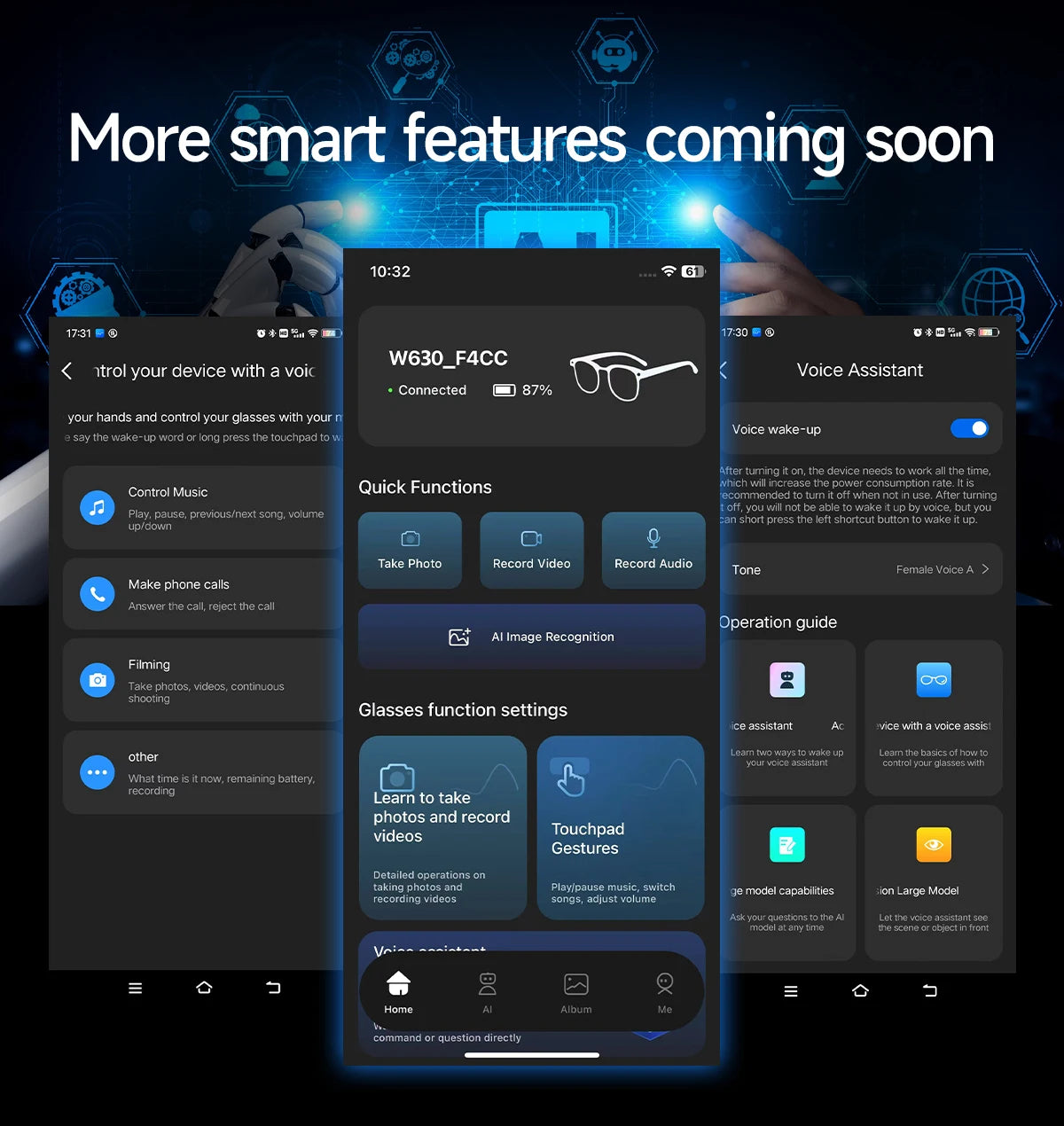 Lunettes intelligentes avec traduction IA, caméra HD 8 mégapixels, stabilisation optique de l'image, double microphone et réduction du bruit.