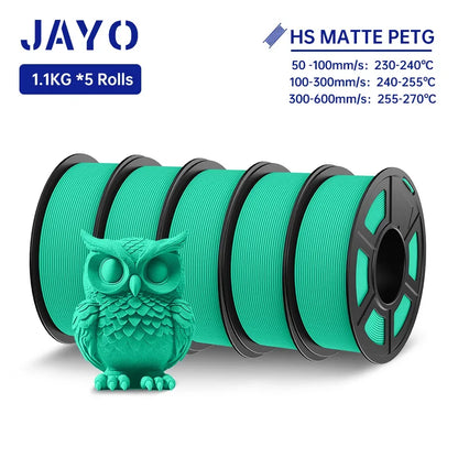 JAYO PETG 3D Filament 1.75MM High Speed PETG 3D Printer Filament 5Rolls High Flow Speedy Matte Effect 3D Printing Mateials