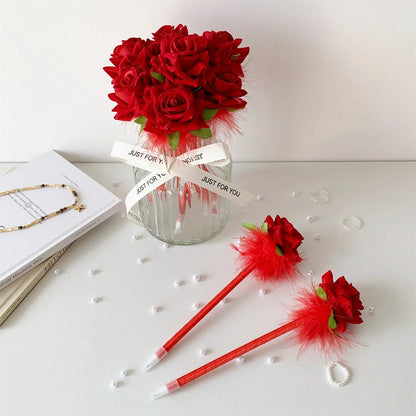 10pcs/set Simulated Rose Shaped Ballpoint Pen Valentine's Day Desktop Decoration Supplies Student Writing Supplies Set