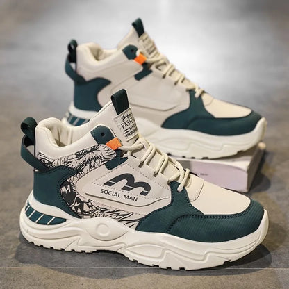 Men's Spring Breathable High Top White Sports Shoes Trendy All-Match Thick Sole Leisure Dad Sneakers
