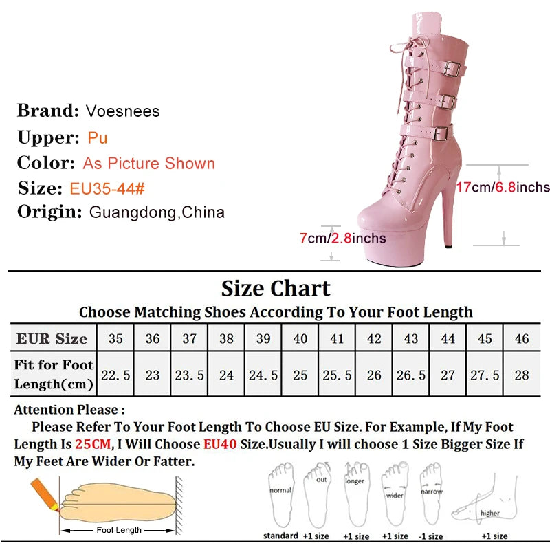 Pink 17cm/7Inch Sexy Punk Black Platform Pole Dance Women's Boots Stripper Heels Ankle Boots High Heels Zip Belt Buckle Shoes