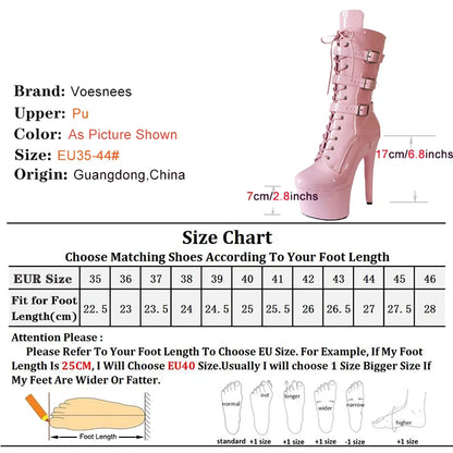 Pink 17cm/7Inch Sexy Punk Black Platform Pole Dance Women's Boots Stripper Heels Ankle Boots High Heels Zip Belt Buckle Shoes