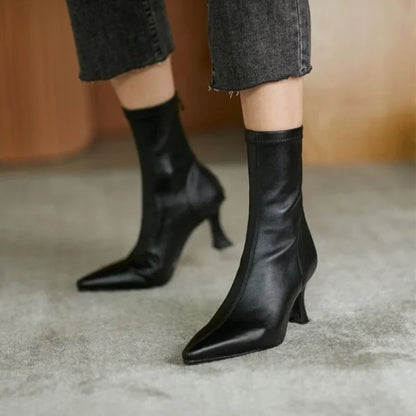 Women High Heel Short Leather Boots  New Boots Female Pointed Thin Heel Boots Ladies Ankle Short Boots Botas De Mujer 2024