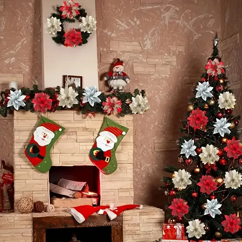 40PCS Artificial Glitter Christmas Flowers with Clips for Xmas Tree Ornament Fake Flower Floral New Year Party Home Decoration