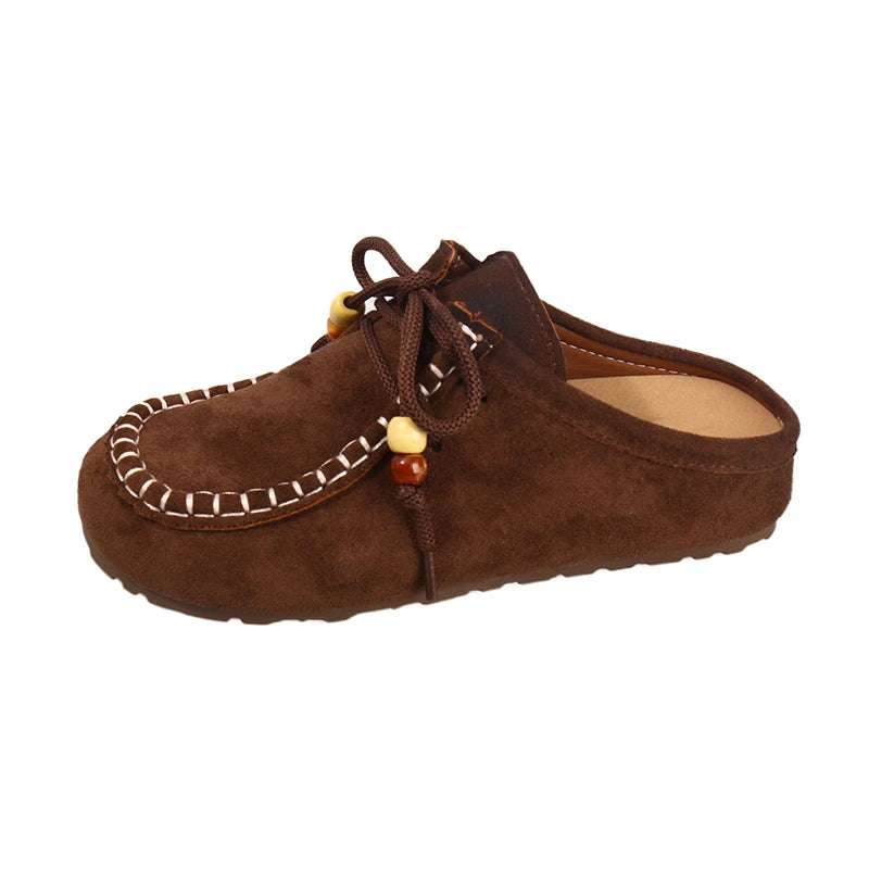 Baotou Slippers Spring New Round Head Deep Mouth Cow Suede Beaded Metal Buckle Soft Sole Anti-slip Wear-resistant Flat Shoes
