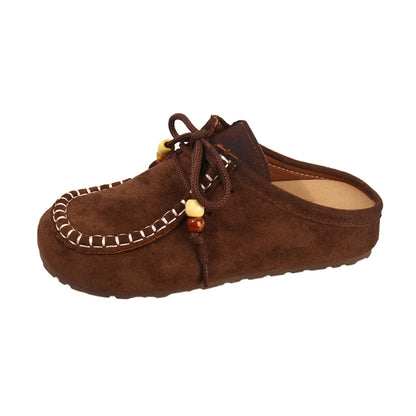 Baotou Slippers Spring New Round Head Deep Mouth Cow Suede Beaded Metal Buckle Soft Sole Anti-slip Wear-resistant Flat Shoes