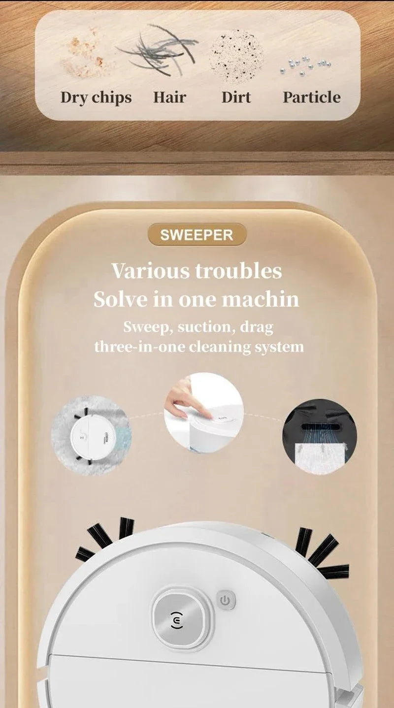 2026 3-in-1 Strong Suction Smart Sweeping Robot Rechargeable Washable Mop For Pet Hair Hard Floor Kitchen Room Sweeping Robot