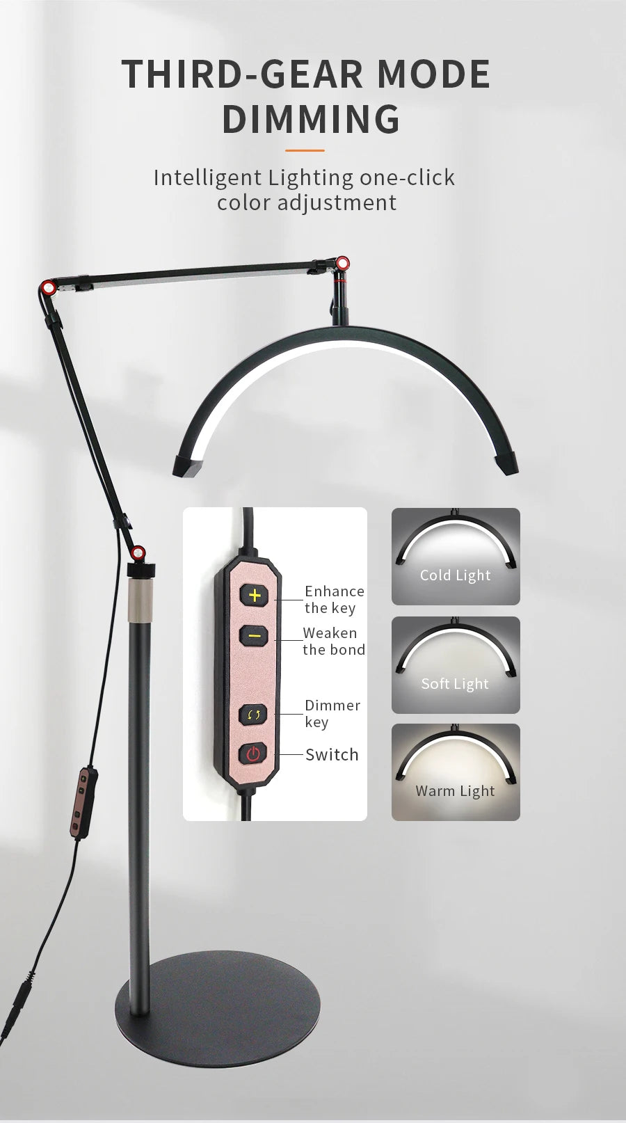 16 INCH LED Half Moon Lash Light Temperature 20W 3000K-6000K LED Ring Lamp for Beauty Facials Skincare Tattoo Eyebrows Filming