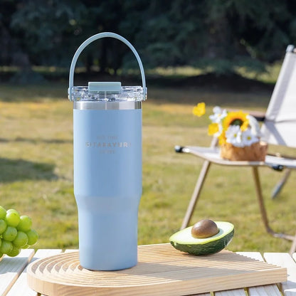 JUSTINLAU 600/900ml Insulated Cups Stainless Steel Double-drinking Thermos Cup with Handle& Straw Sports Bottle Car Ice Tumbler