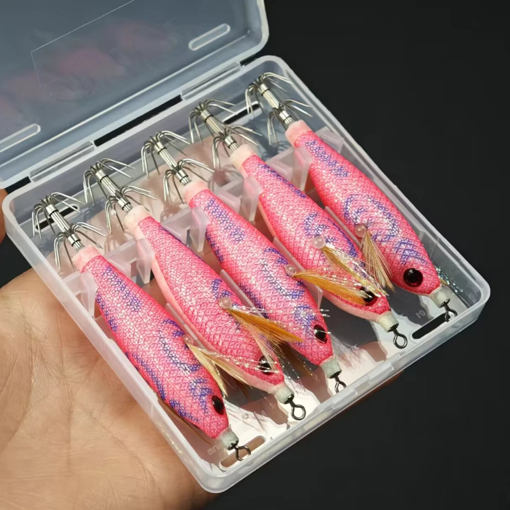 5pcs/box Horizontal Egi Set 8cm Glow Horizontal Squid Jig Real Shrimp Fishing Lure Saltwater Cuttlefish UV Shrimp Octopus Baits