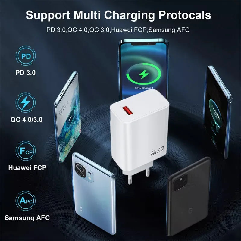 EU US UK Plug 67W 6A USB Fast Charger For Xiaomi 10T 11 12 Lite 13T Redmi Note 10 11T 12 13 POCO X4 X5 F5 Type C Charging Cable