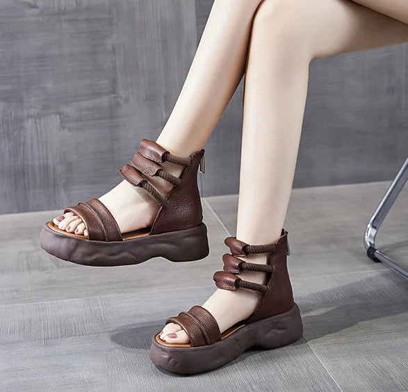 Koznoy 8cm Natural Genuine Leather Sandals Boots Flats Platform Wedge Summer Women Hollow Pumps Peep Toe Booties Mary Jane Shoes