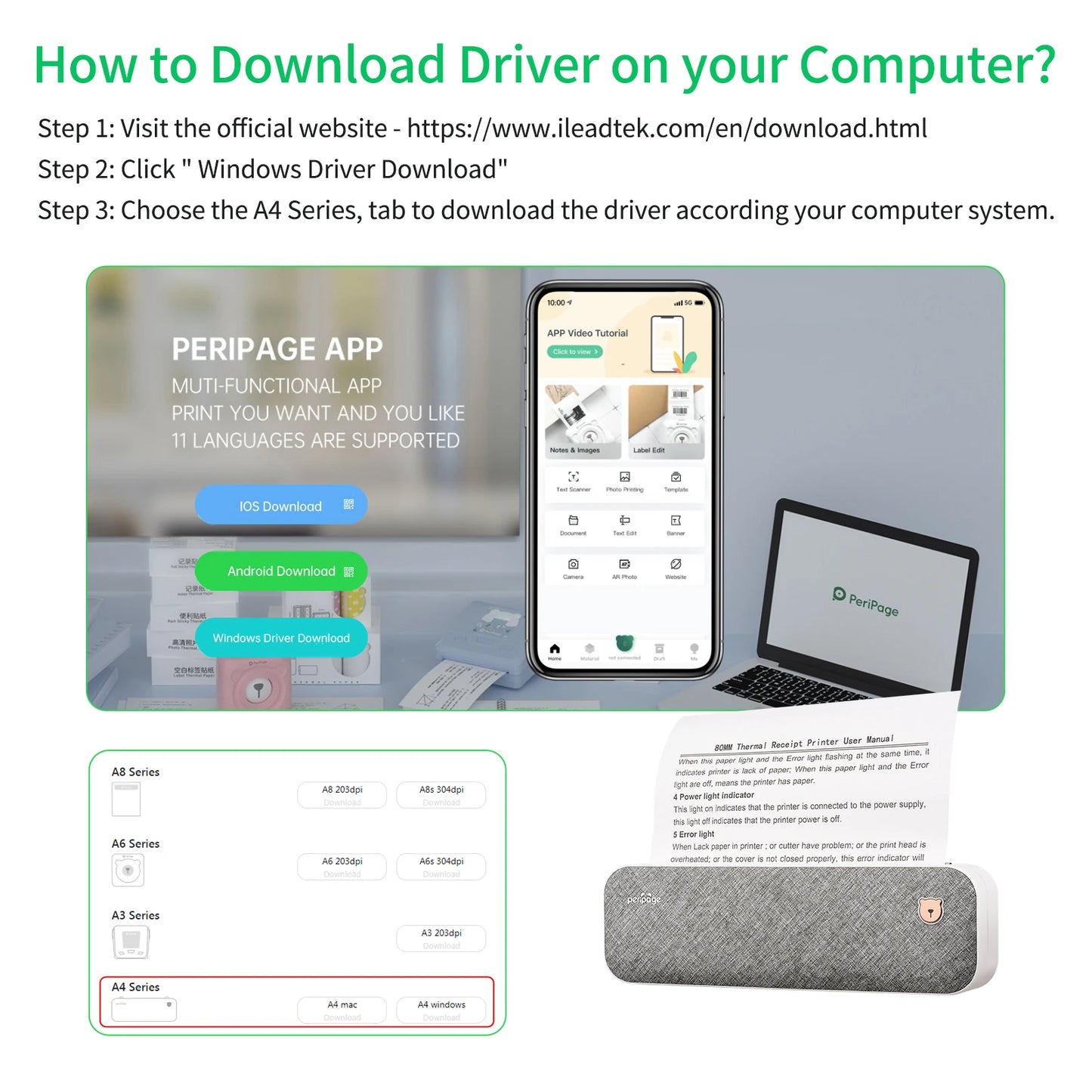 PeriPage A40 A4 Paper Printer Direct Thermal Transfer Wirless Mobile Photo Printer USB BT Connection For 2''/3''/4'' Paper Width