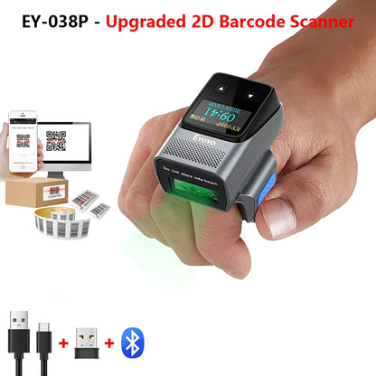 Eyoyo EY-038 Ring Barcode Scanner with Screen.1D Laser/2D Mini Wearable Bluetooth Finger QR Code Reader.Support Screen Scanning